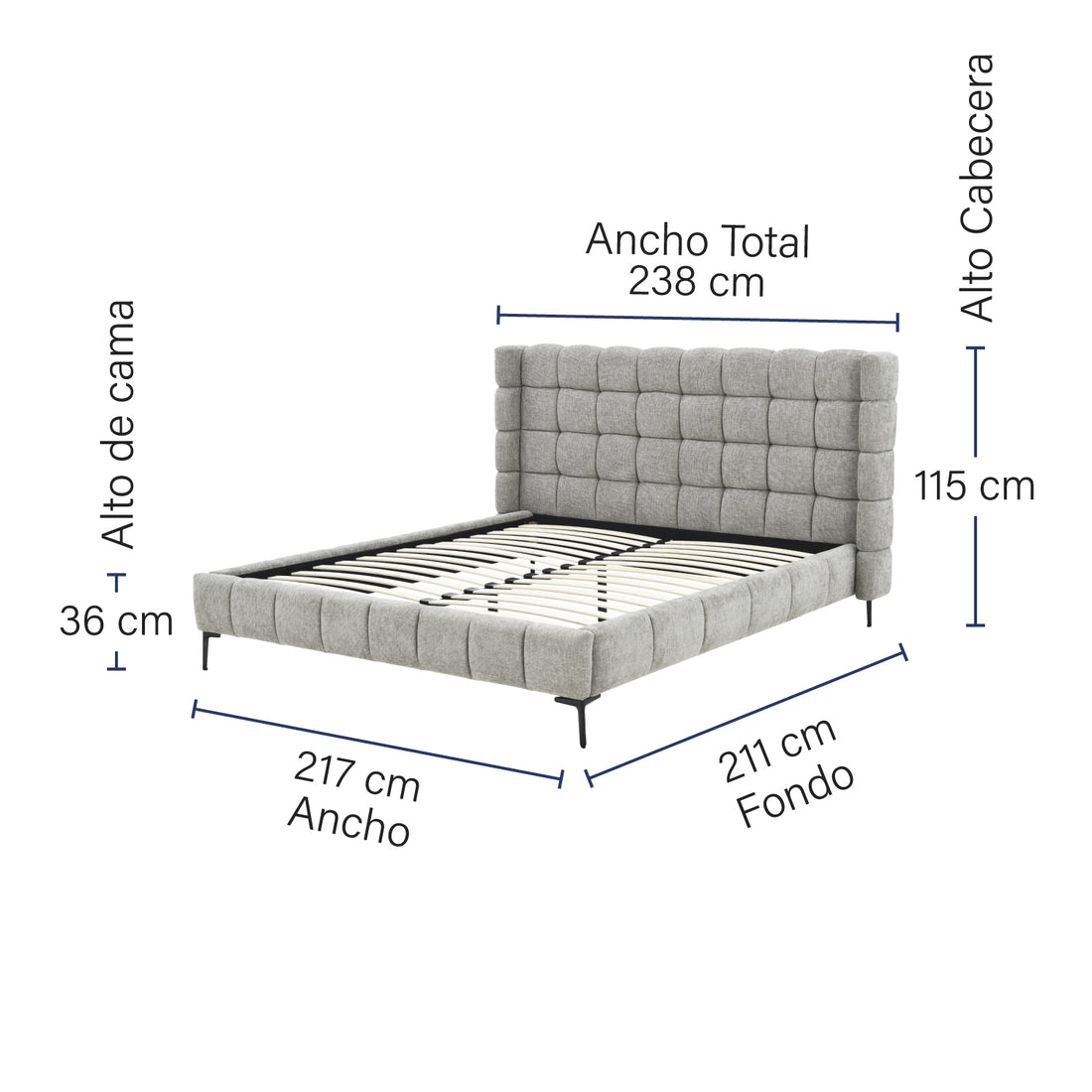 CAMA TOLEDO KING SIZE, VISTA EN PERSPECTIVA, FONDO BLANCO Y MEDIDAS