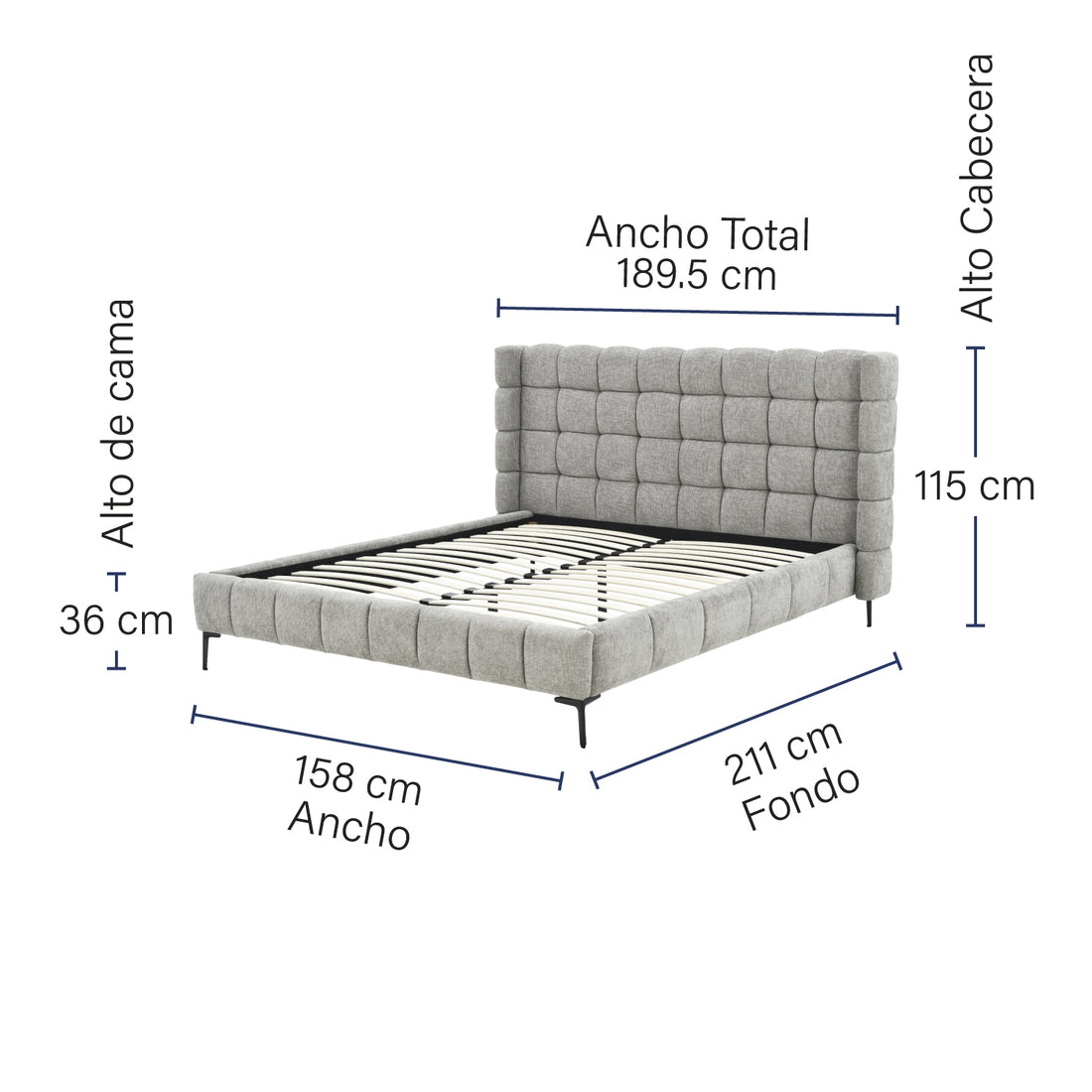 Cama Toledo Queen Gris Medidas