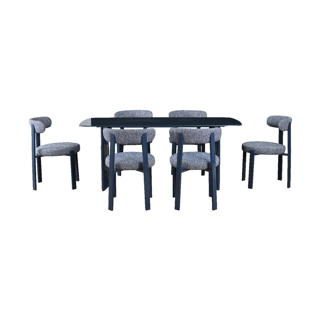 Mesa de Comedor Cali Azul acompañada de seis sillas florida vista en perspectiva sobre fondo blanco