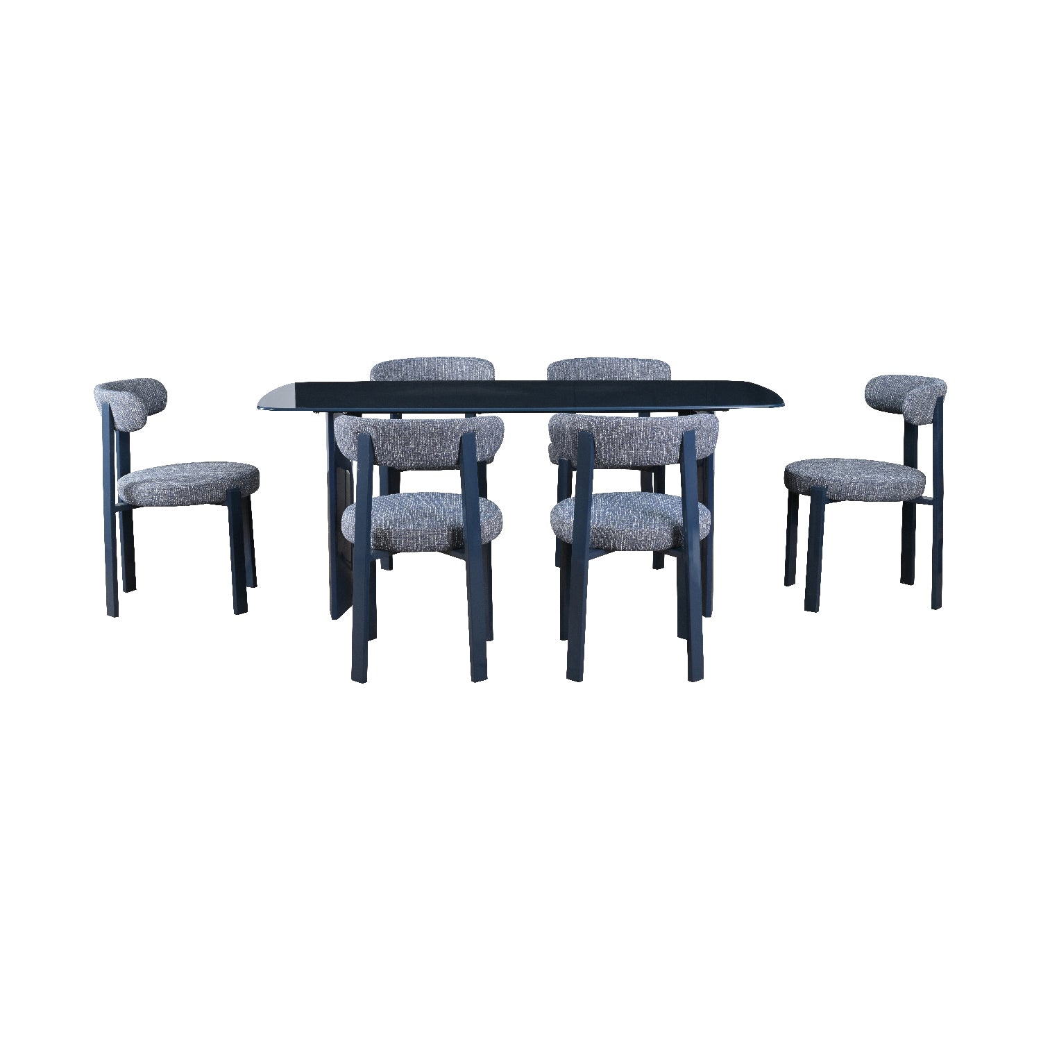 Mesa de Comedor Cali Azul acompañada de seis sillas florida vista en perspectiva sobre fondo blanco