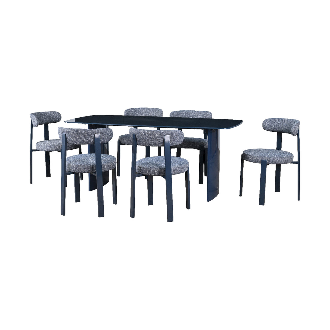 Mesa de Comedor Cali Azul acompañada de seis sillas florida vista frontal sobre fondo blanco