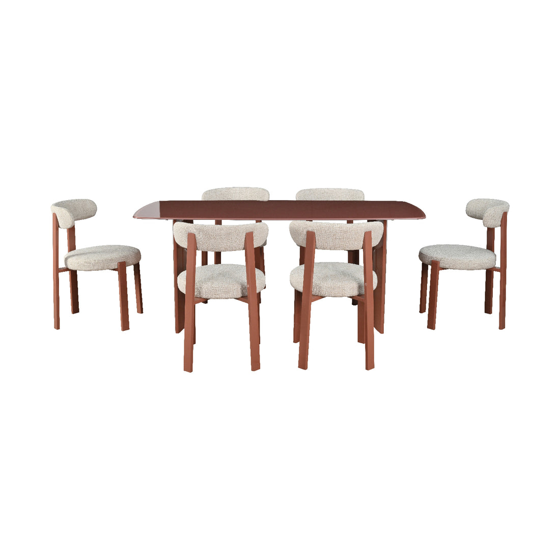 Mesa de Comedor Cali Rosa acompañada de seis sillas florida vista en perspectiva sobre fondo blanco