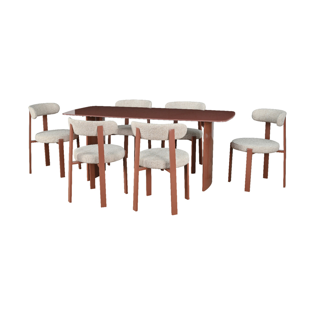 Mesa de Comedor Cali Rosa acompañada de seis sillas florida vista frontal sobre fondo blanco