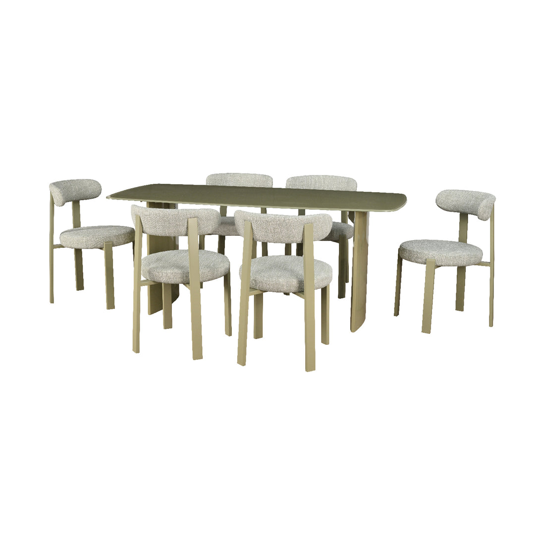 Mesa de Comedor Cali Verde acompañada de seis sillas florida vista en perspectiva sobre fondo blanco