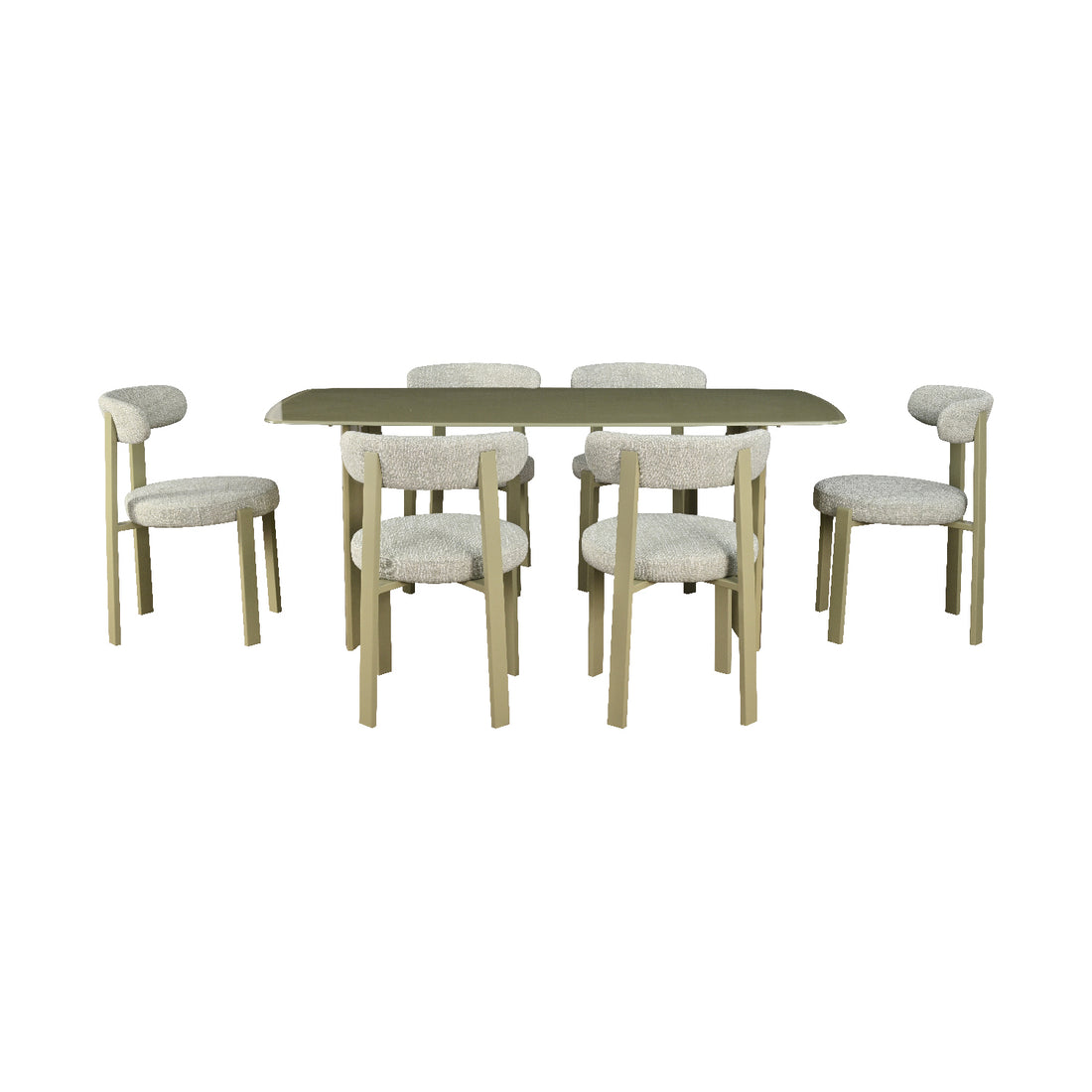Mesa de Comedor Cali Verde acompañada de seis sillas florida vista frontal sobre fondo blanco