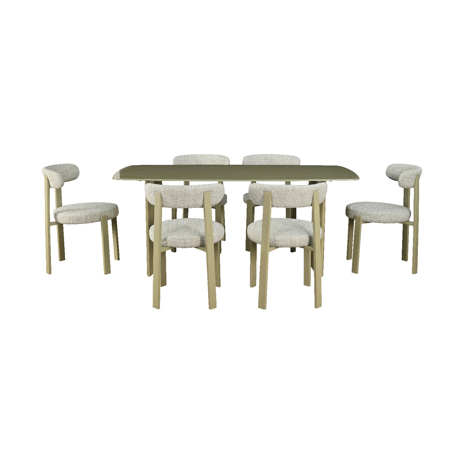 Mesa de Comedor Cali Verde acompañada de seis sillas florida vista frontal sobre fondo blanco