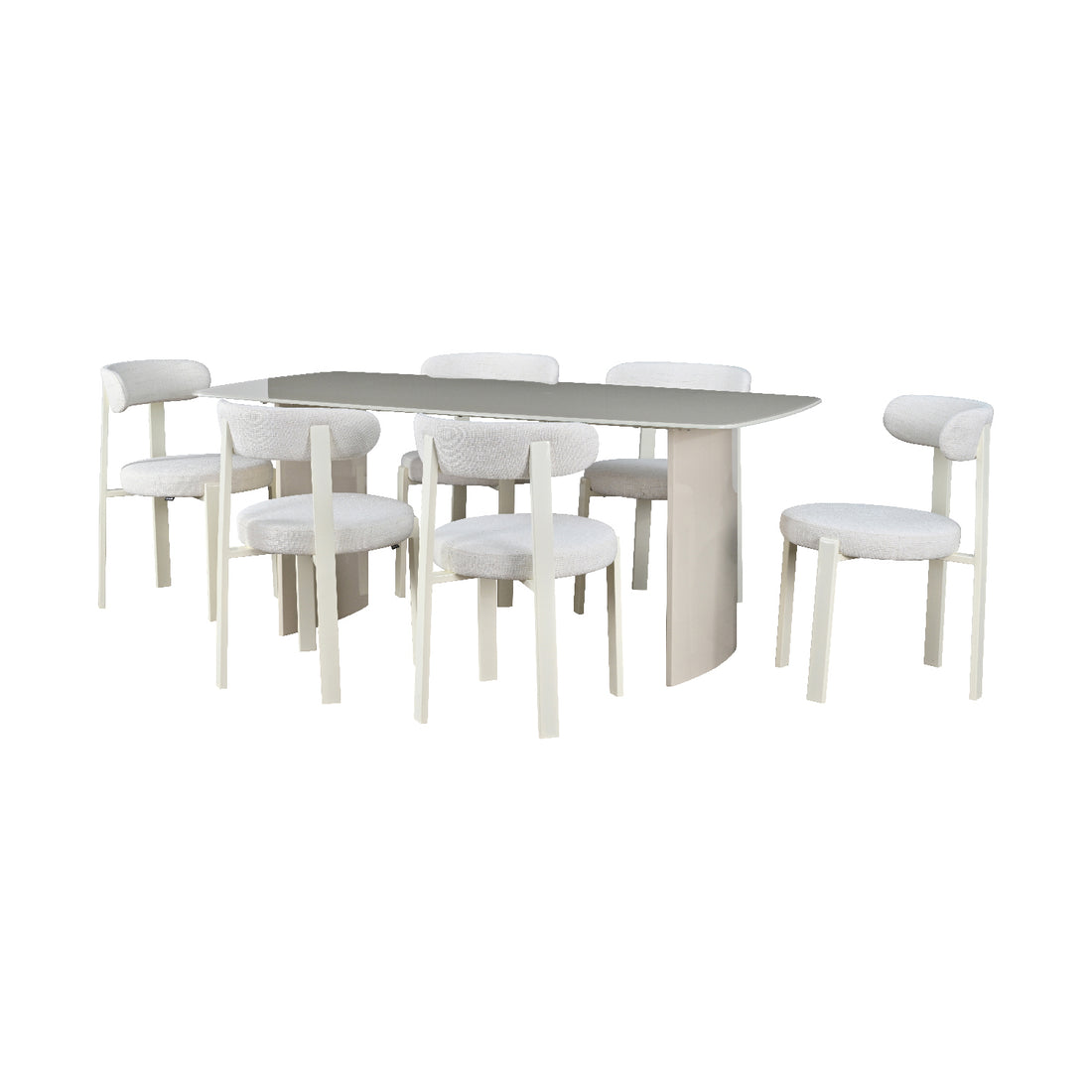 Mesa de Comedor Cali beige acompañada de seis sillas florida vista en perspectiva sobre fondo blanco