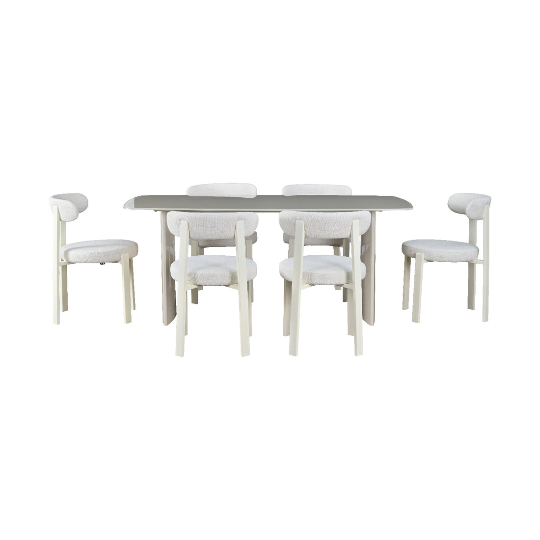 Mesa de Comedor Cali Beige acompañada de seis sillas florida vista frontal sobre fondo blanco