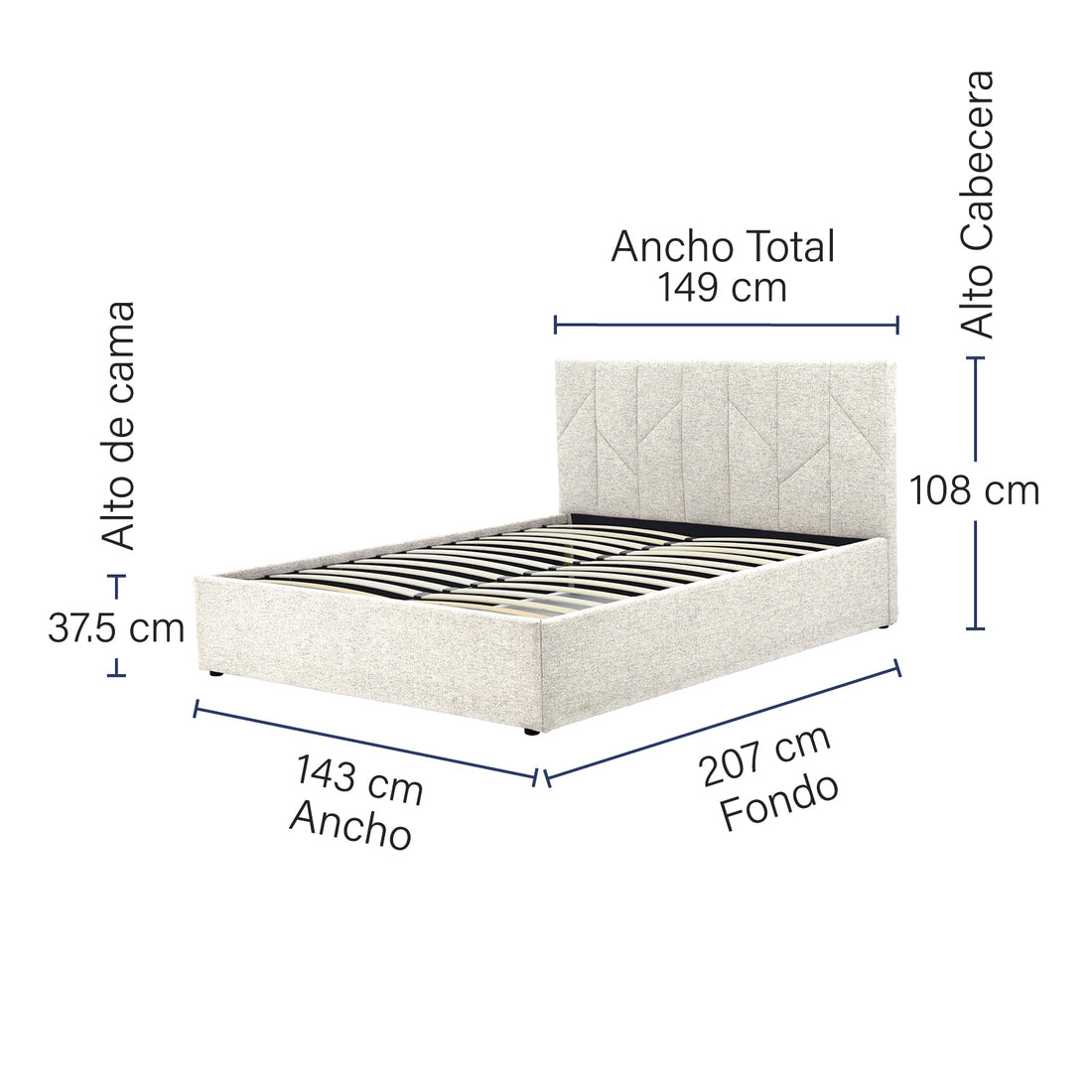 Cama alicante vista isométrica con medidas