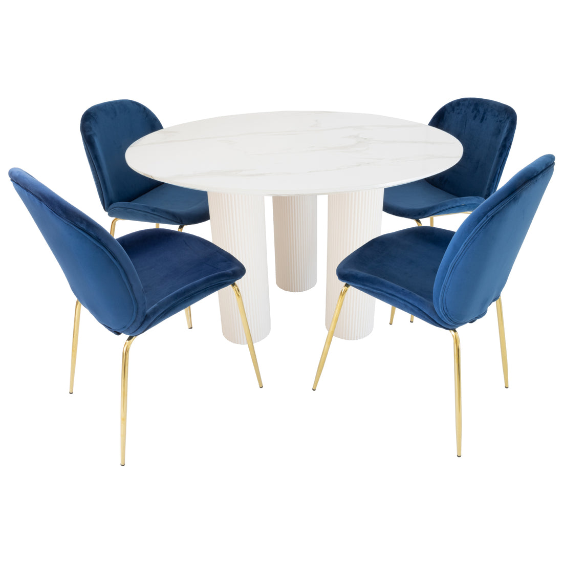 Mesa de Comedor Kos Blanca en comedor con Silla Charlize Azul, foto ambientada