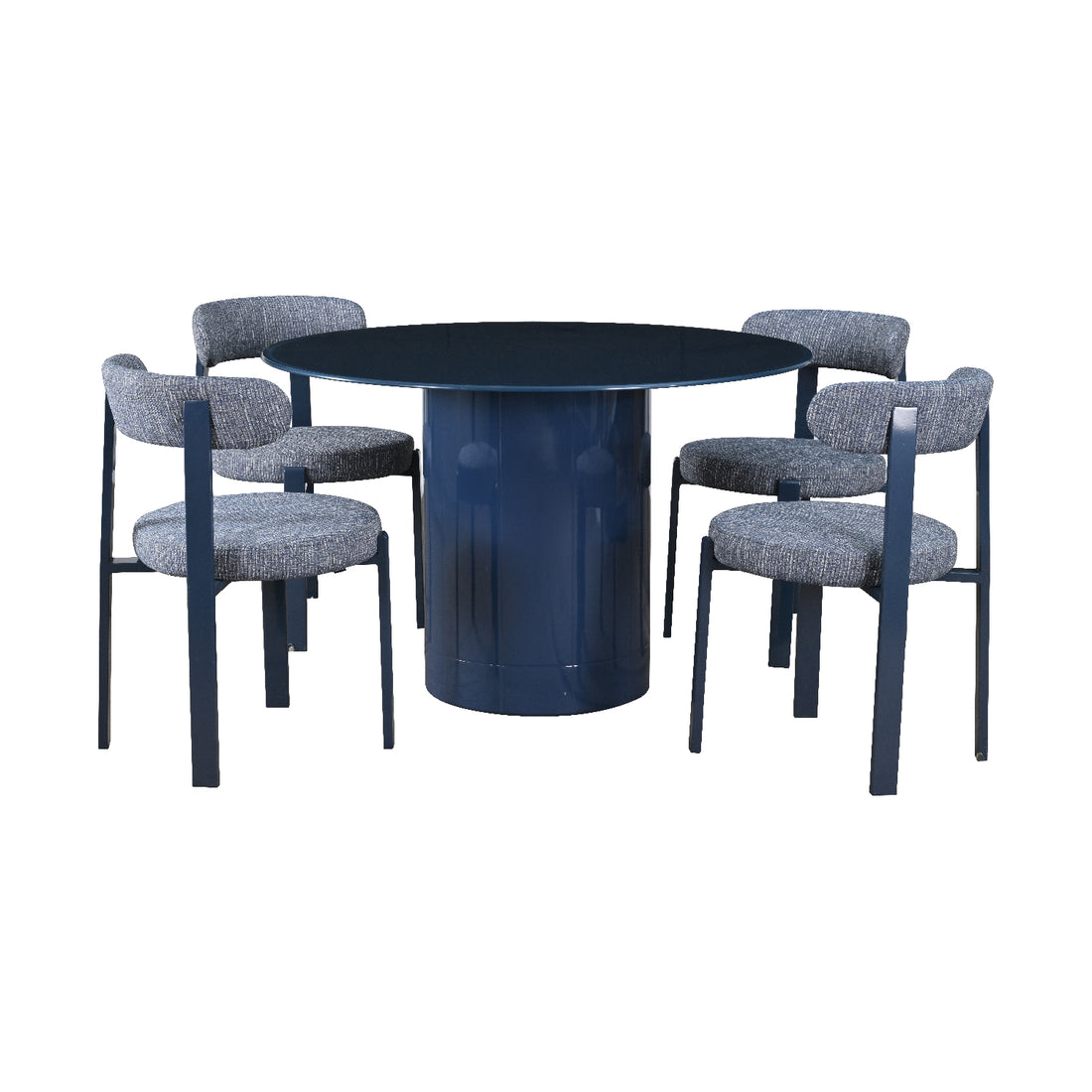 Mesa para comedor Cartagena acompañado de cuatro sillas florida todo color azul sobre fondo blanco
