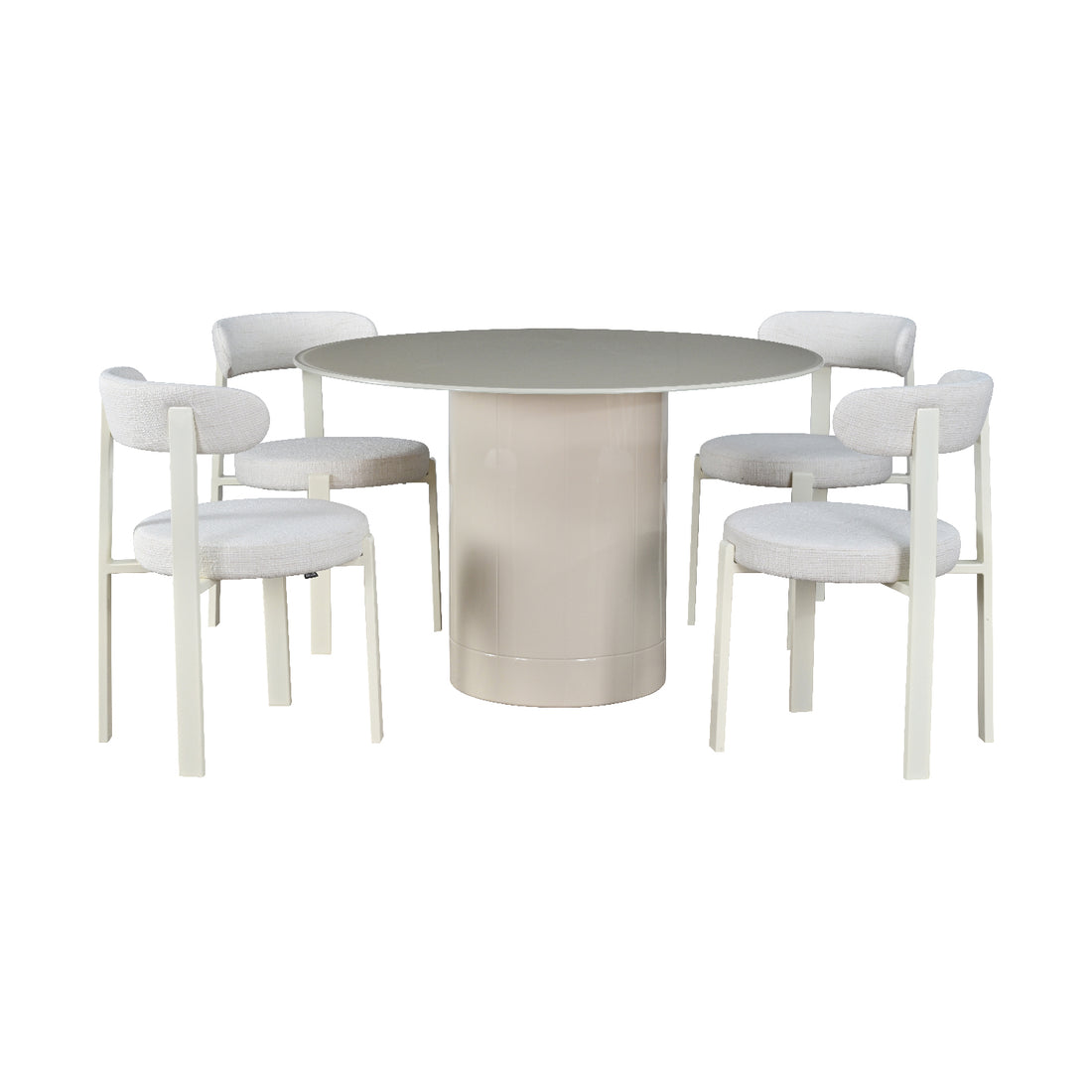Mesa para comedor Cartagena acompañado de cuatro sillas florida todo color beige sobre fondo blanco
