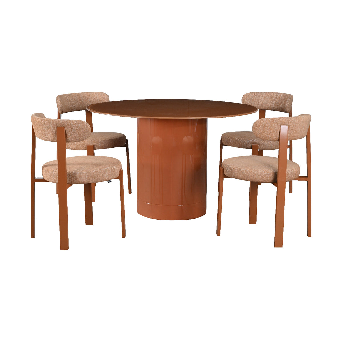 Mesa para comedor Cartagena acompañado de cuatro sillas florida todo color naranja sobre fondo blanco