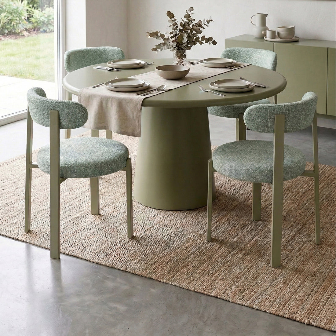Silla Florida Verde Vista en Comedor con Ventanal de Fondo con Iluminación Clara