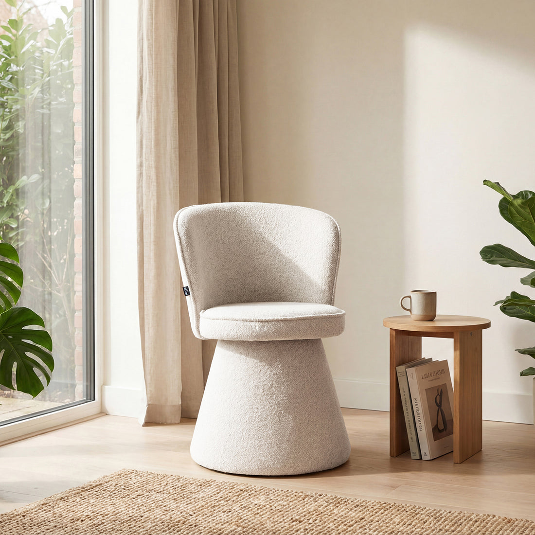 Silla Modena beige en cuarto con pared blanca con mesa lateral