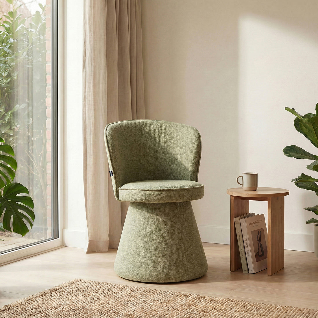 Silla Modena Verde en cuarto con pared blanca con mesa lateral