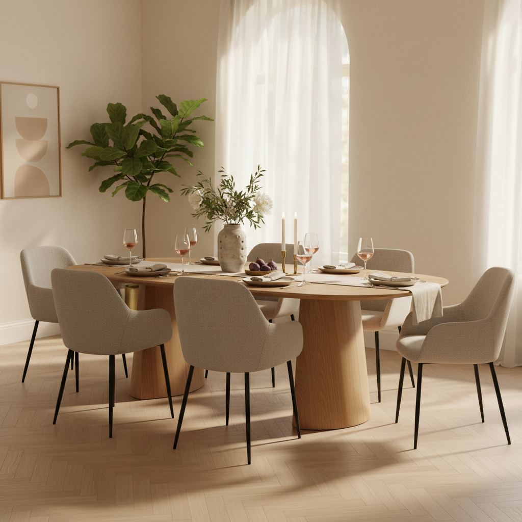 Silla Faro en comedor estilo japandi, foto ambientada