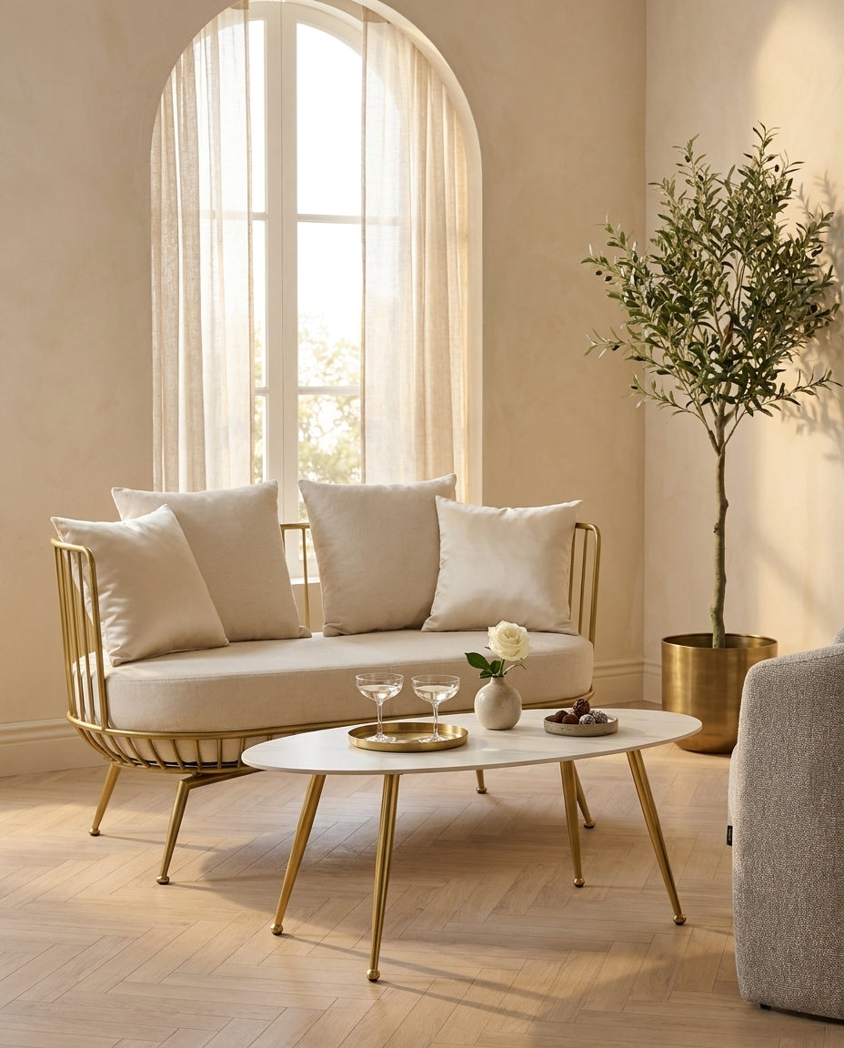 Love Seat Verviers en sala con Sofá Bucarest y Sillón Perth, foto ambientada