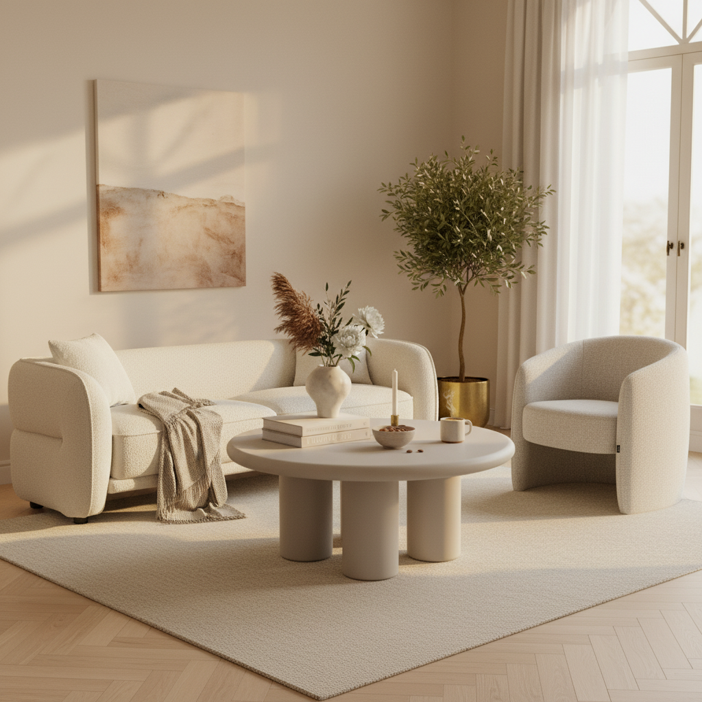 Mesa de Centro Mendoza Crema en sala con Sofá Detroit y Sillón Perth, foto ambientada