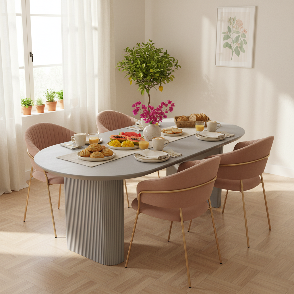 Mesa de Comedor Chipre Gris en brunch con Silla Bilbao, foto ambientada
