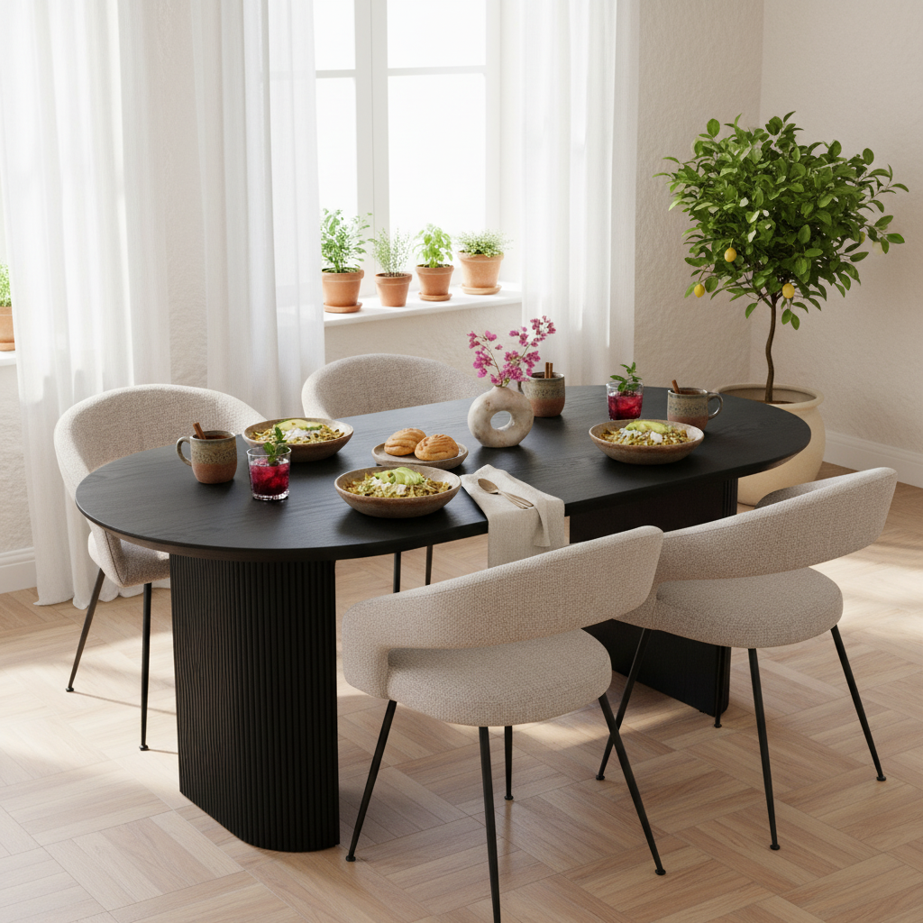 Mesa de Comedor Chipre Negra en brunch con Silla Matera, foto ambientada