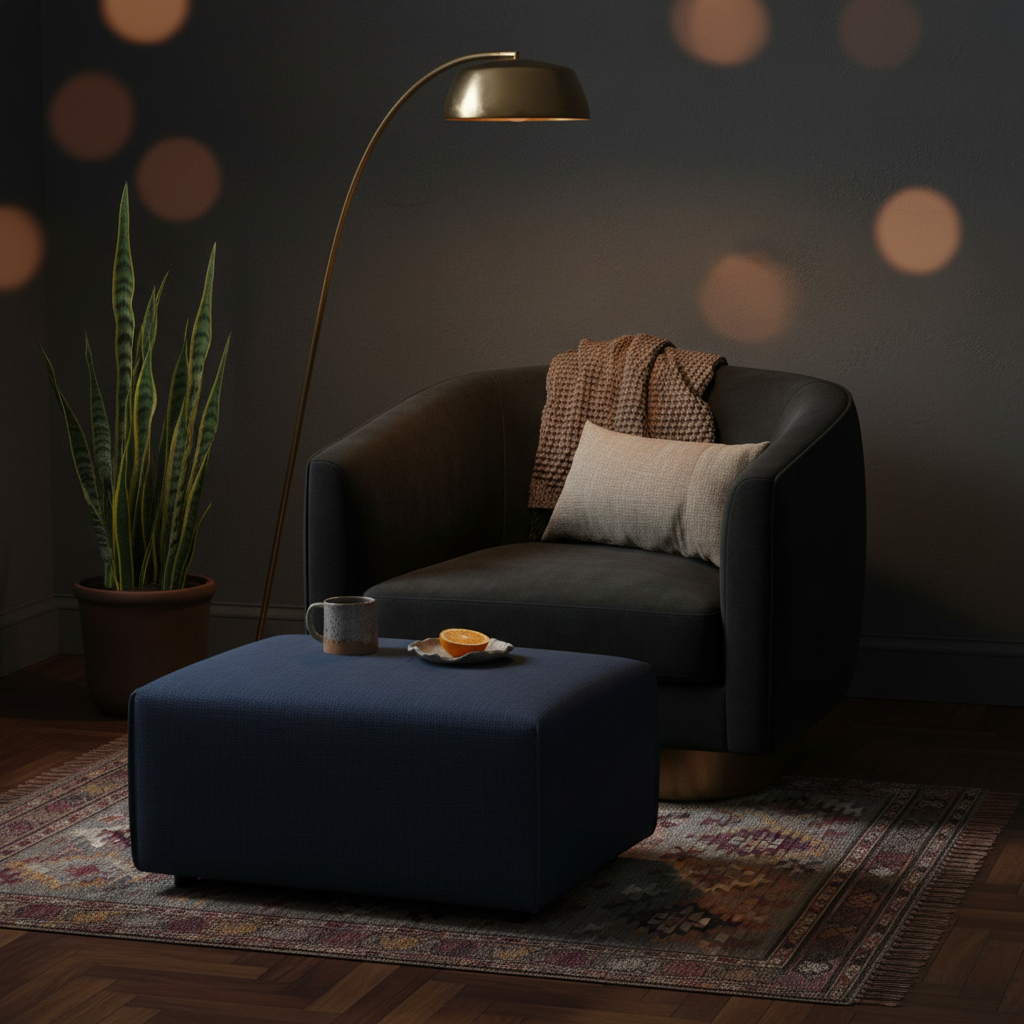 Taburete Montenegro Azul como reposapiés junto a Sillón Verviers, foto ambientada