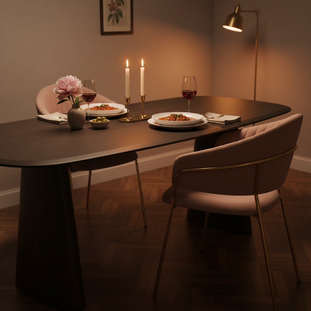 Mesa de Comedor Mar de Plata en escena íntima con Silla Bilbao, foto ambientada