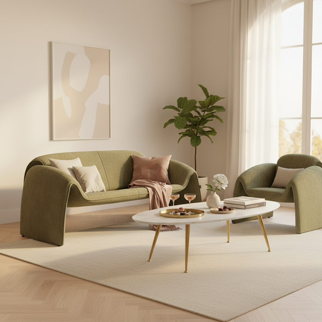 Sofá Melbournee Verde en sala con Mesa Bucarest, foto ambientada