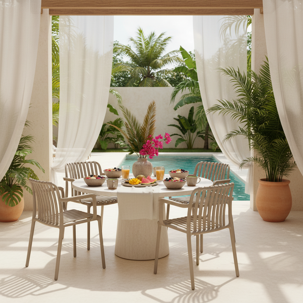 Silla de Exterior Menorca Beige junto a la alberca, foto ambientada