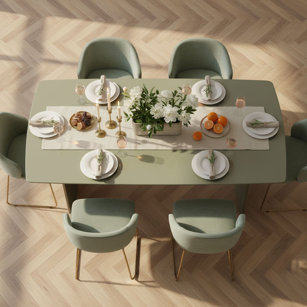 Mesa de Comedor Cali Verde vista aérea, detalle del acabado brillante