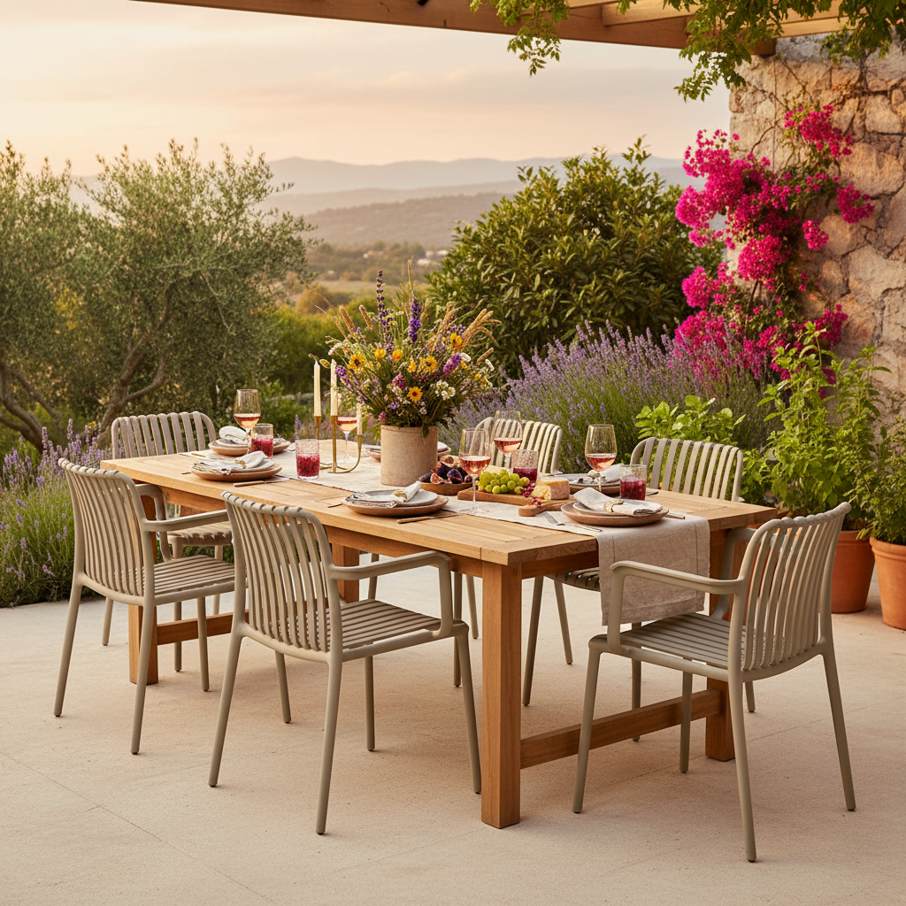 Silla de Exterior Menorca Beige en comedor de jardín, foto ambientada