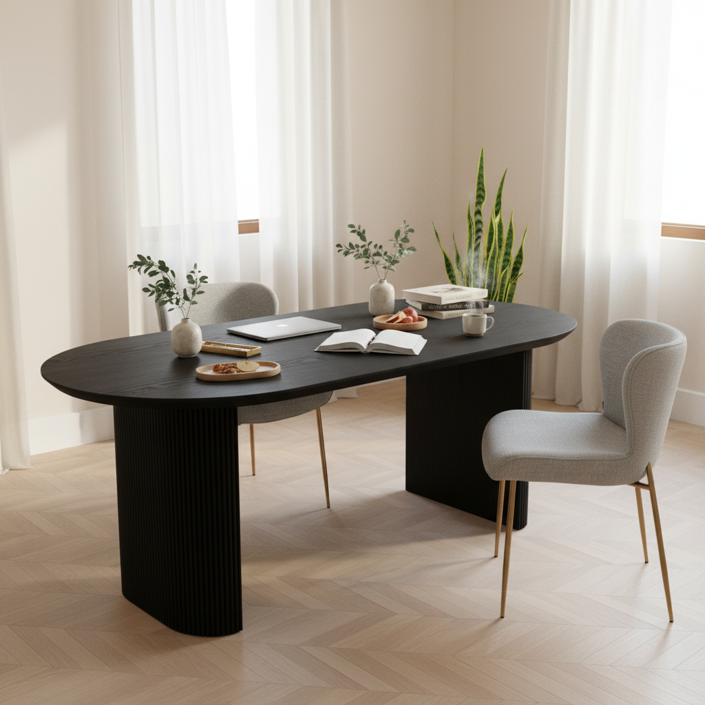 Mesa de Comedor Chipre Negra en espacio de trabajo con Silla Parana, foto ambientada
