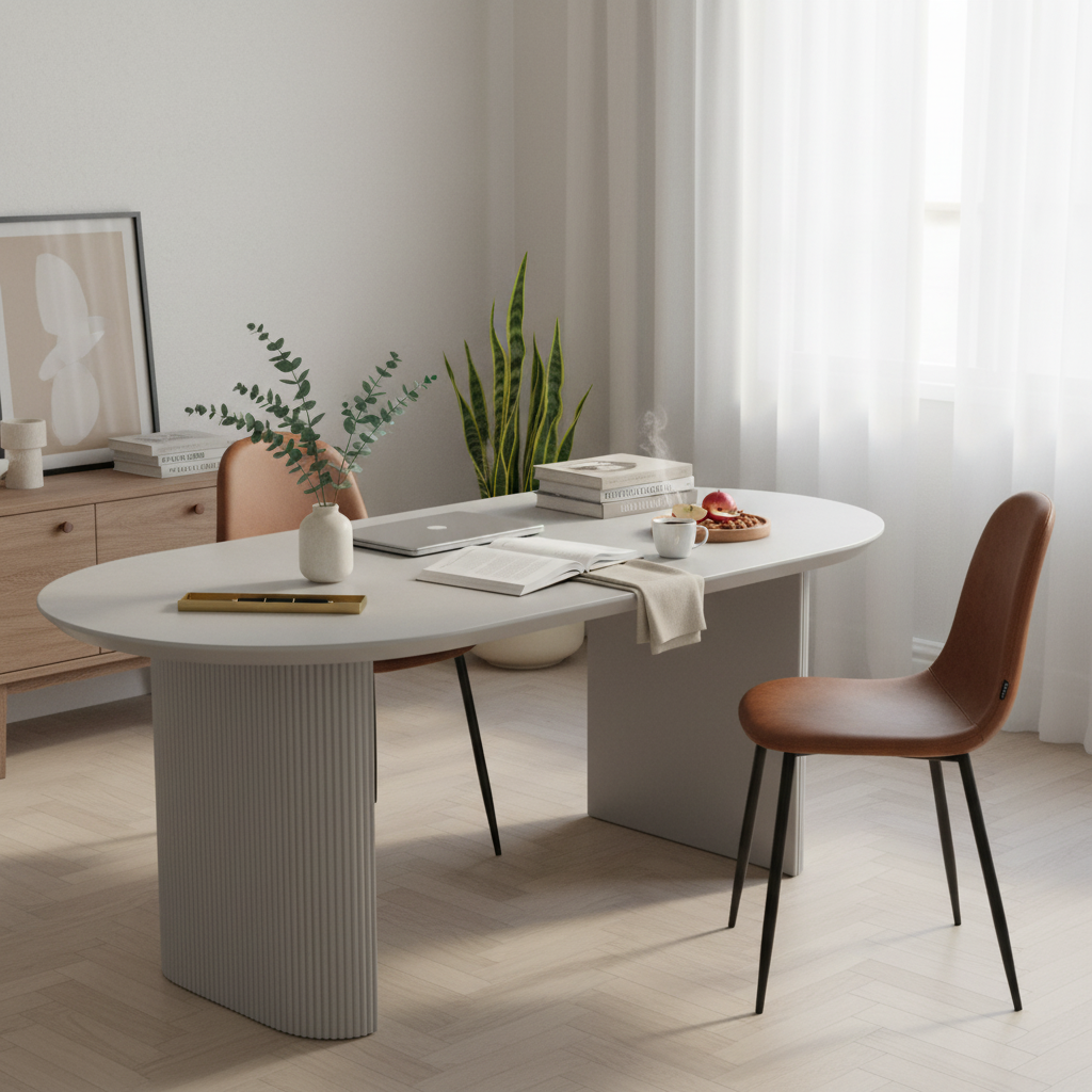 Mesa de Comedor Chipre Gris en espacio de trabajo con Silla Venecia, foto ambientada
